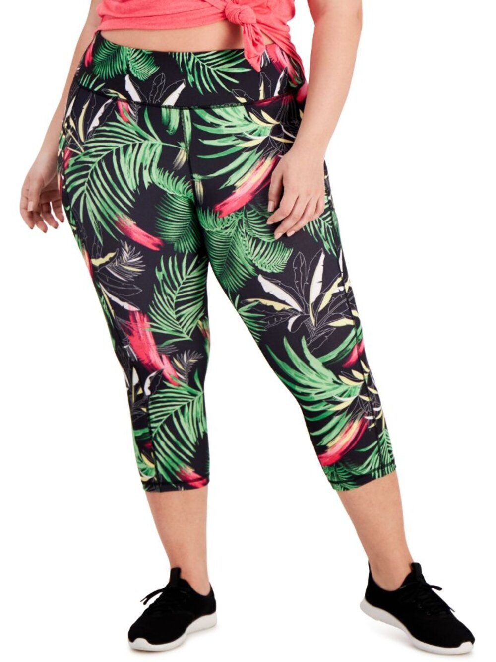 Ideology Womens Activewear Plus Size Tropical-Print Side-Pocket Crop Leggings